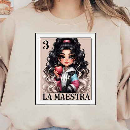 Una elegante ilustración de "La Maestra", que presenta a una niña con voluminoso cabello blanco y negro, sosteniendo una manzana.