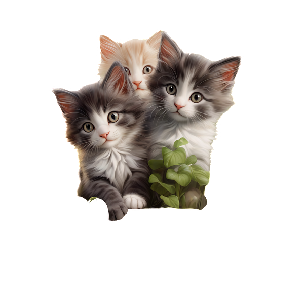 Tres adorables gatitos (uno atigrado gris, uno blanco y uno esponjoso de color crema) se acurrucan juntos con la vegetación detrás de ellos.