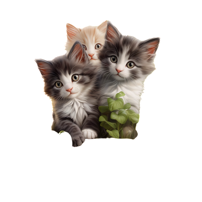 Tres adorables gatitos (uno atigrado gris, uno blanco y uno esponjoso de color crema) se acurrucan juntos con la vegetación detrás de ellos.