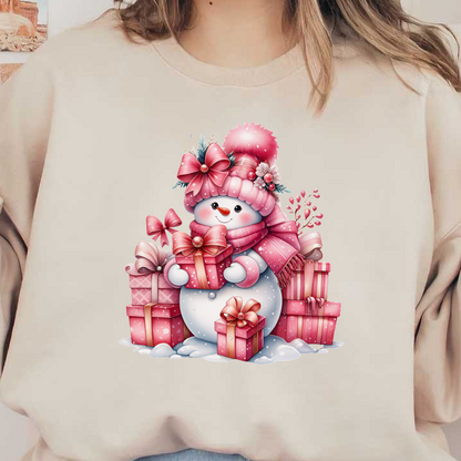 Un alegre muñeco de nieve vestido de rosa con un gorro y una bufanda festivos, rodeado de regalos bellamente envueltos.