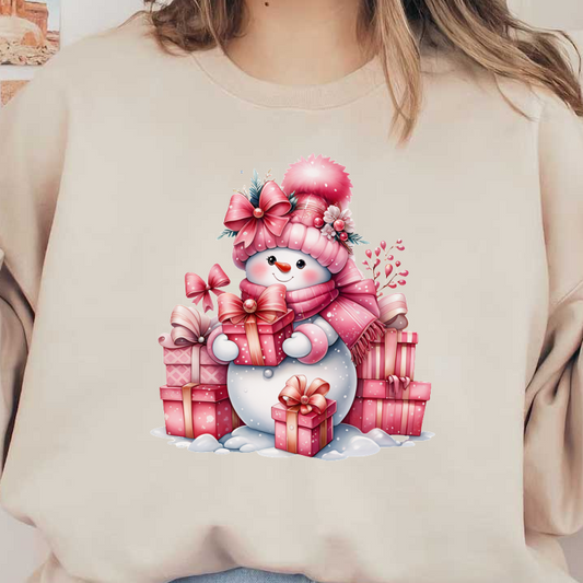 A cheerful snowman dressed in pink with a festive hat and scarf, surrounded by beautifully wrapped gifts. heat press transfers