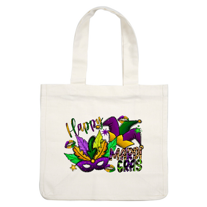 Celebrate Mardi Gras with this vibrant design featuring a colorful mask, festive leaves, and playful lettering!DTF Transfers