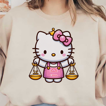 Hello Kitty is dressed in a pink apron with the Libra symbol, holding scales, and wearing her signature bow.DTF Transfers dtf prints