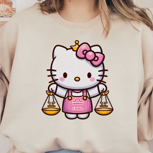 Hello Kitty is dressed in a pink apron with the Libra symbol, holding scales, and wearing her signature bow.DTF Transfers dtf prints