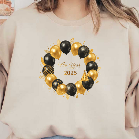 Celebrate New Year 2025 with this festive wreath adorned with gold and black balloons, perfect for any party!DTF Transfers