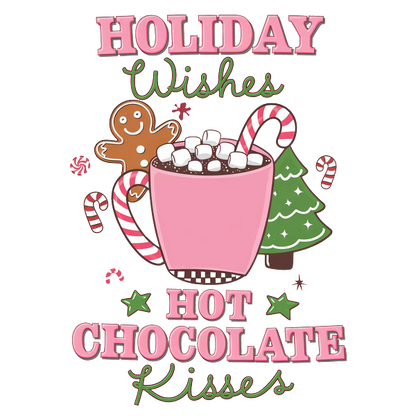 Celebrate the holidays with this playful design featuring hot chocolate, a gingerbread man, a Christmas tree, and festive text. dtf transfers