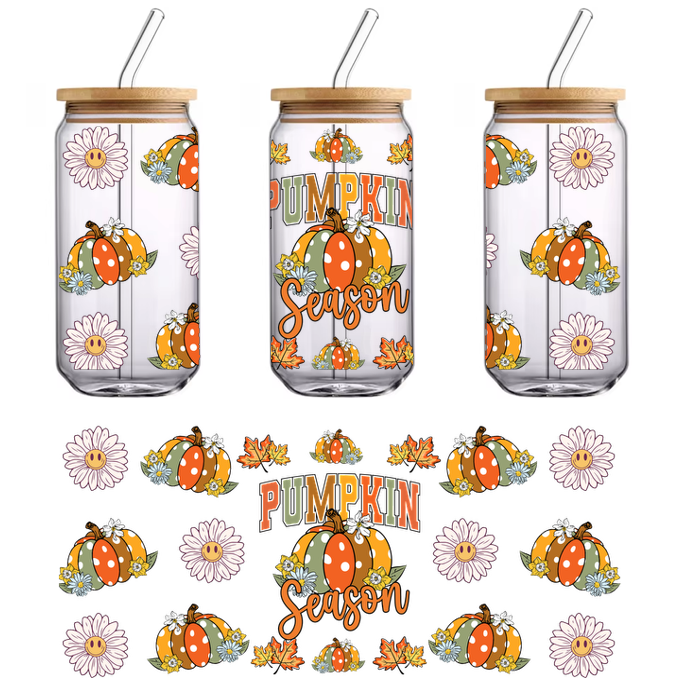 A cheerful "Pumpkin Season" design featuring colorful pumpkins, daisies, and cheerful sunflowers, perfect for celebrating fall.UV Transfers heat press transfers