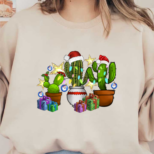 Festively decorated cacti wear Santa hats and are adorned with colorful lights, surrounded by Christmas gifts and bright stars.DTF Transfersdtf regular iron