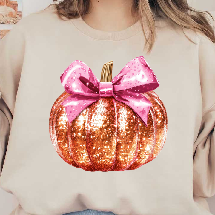 Una calabaza glamorosa y brillante adornada con un lazo rosa vibrante, perfecta para agregar un toque festivo a cualquier decoración.