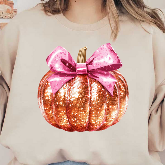 A sparkling orange pumpkin adorned with a shiny pink bow, perfect for adding a festive touch to autumn decor. dtf transfers