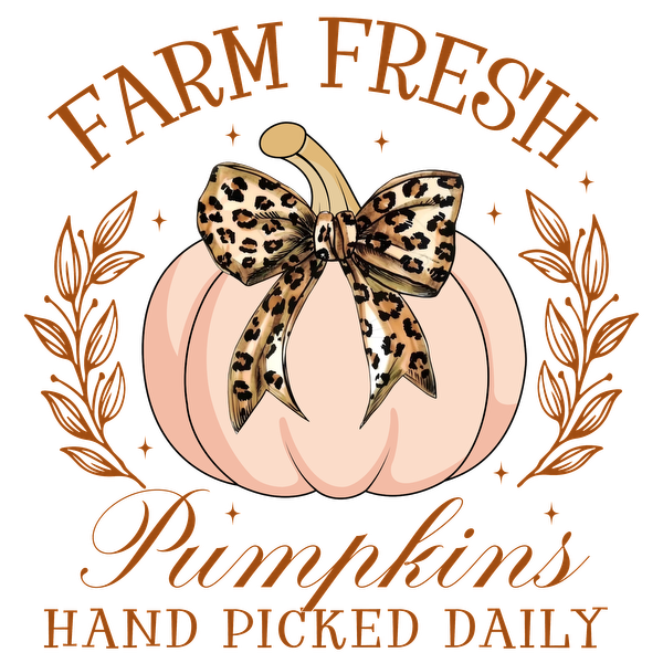 A stylish graphic featuring a soft pink pumpkin adorned with a leopard-print bow, emphasizing fresh, handpicked pumpkins.dtf regular iron