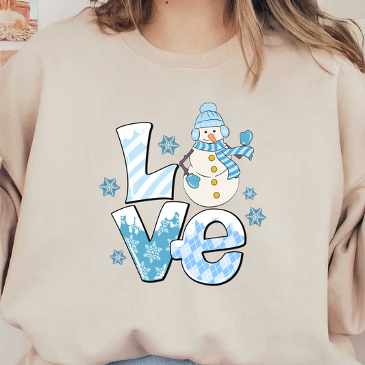 A cheerful snowman wearing a blue scarf and hat stands next to the word "LOVE" decorated in winter patterns.dtf regular iron