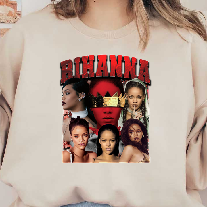 A vibrant collage of Rihanna showcasing her diverse looks and styles, highlighted by bold red text spelling her name.DTF Transfers dtf prints