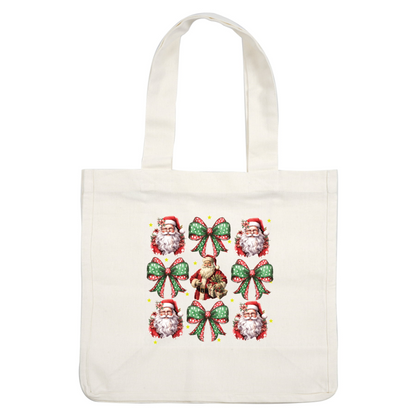 A festive collage featuring cheerful Santa Clauses and vibrant red and green bows, perfect for Christmas decorations. heat press transfers