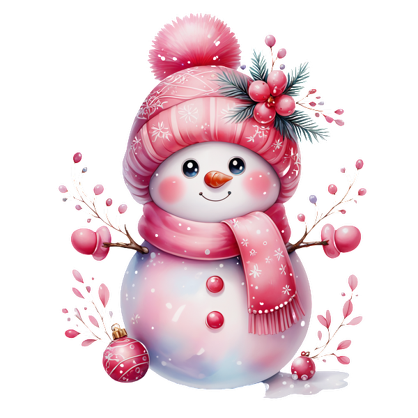 A cheerful snowman adorned in pink winter accessories, featuring a beanie, scarf, and decorative branches with berries. dtf transfers