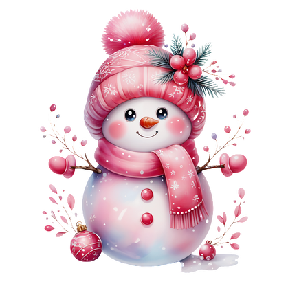 A cheerful snowman adorned in pink winter accessories, featuring a beanie, scarf, and decorative branches with berries. dtf transfers