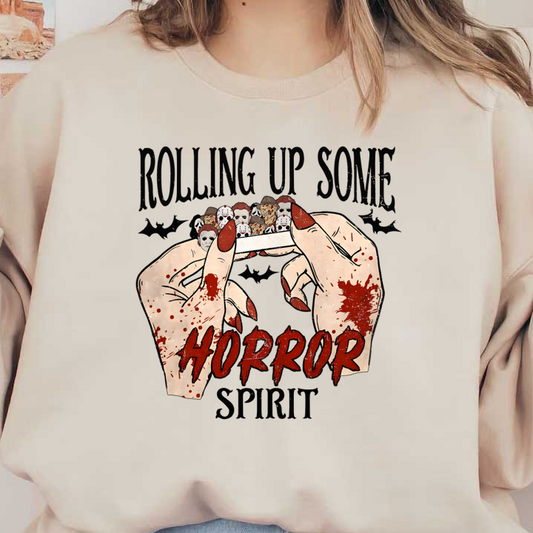 A quirky, horror-themed graphic featuring bloody hands rolling something with iconic horror character masks above the word "Horror." heat press transfers