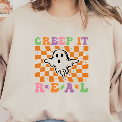 A playful Halloween-themed design featuring the phrase "Creep It Real" surrounded by colorful checkerboard patterns and whimsical spider motifs.dtf regular iron