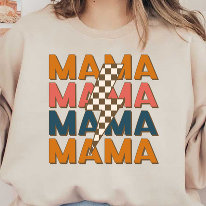 A vibrant graphic featuring repeated "MAMA" text in various colors, highlighted by a bold lightning bolt design in the center. dtf transfers