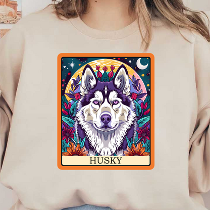 Retrato ilustrado colorido de un husky rodeado de flores vibrantes, que muestra sus rasgos llamativos y sus ojos expresivos.