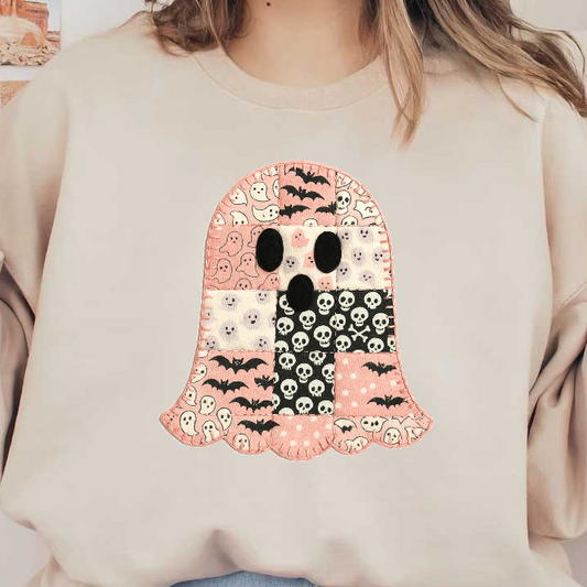 Adorable ghost-shaped quilt featuring a playful patchwork of spooky patterns.DTF Transfers