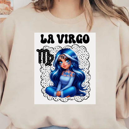 Una ilustración vibrante de un personaje de cabello azul sentado elegantemente con motivos del zodíaco, resaltado por intrincados tatuajes y acentos florales.