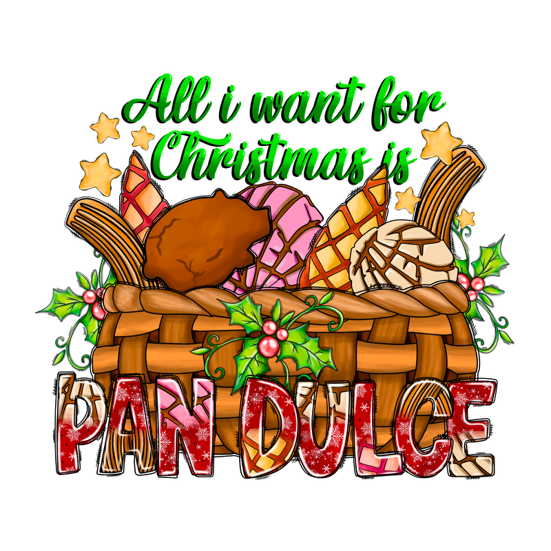 A festive illustration featuring a woven basket overflowing with colorful pan dulce, alongside a playful holiday message.DTF Transfersdtf regular iron