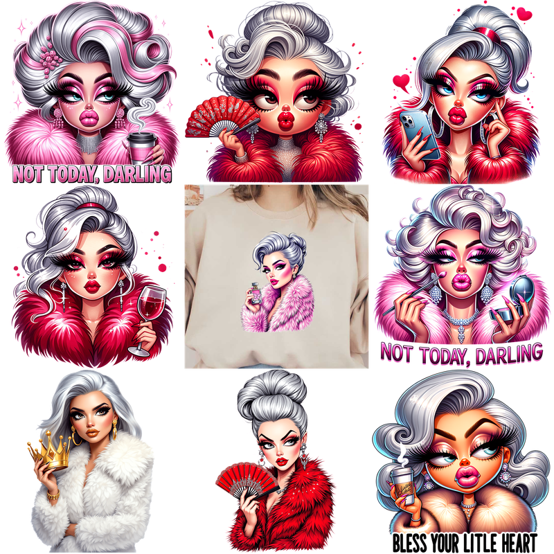 A stylish sweatshirt featuring glamorous illustrations of vintage women.DTF Transfers