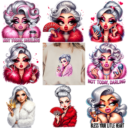 A stylish sweatshirt featuring glamorous illustrations of vintage women.DTF Transfers