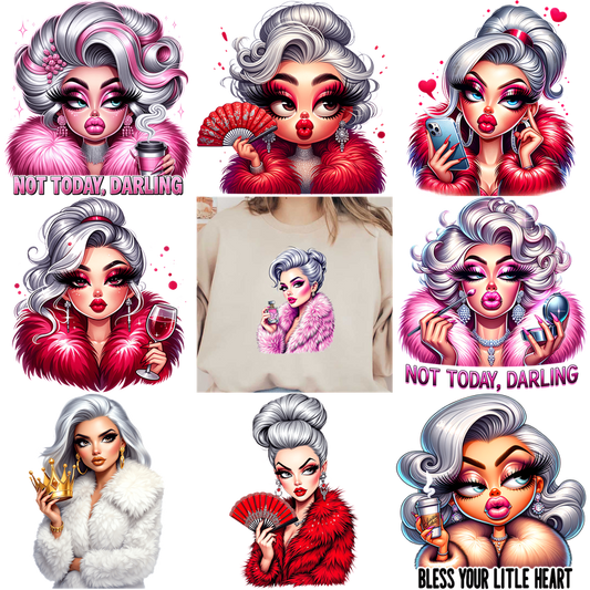 A stylish sweatshirt featuring glamorous illustrations of vintage women.DTF Transfers