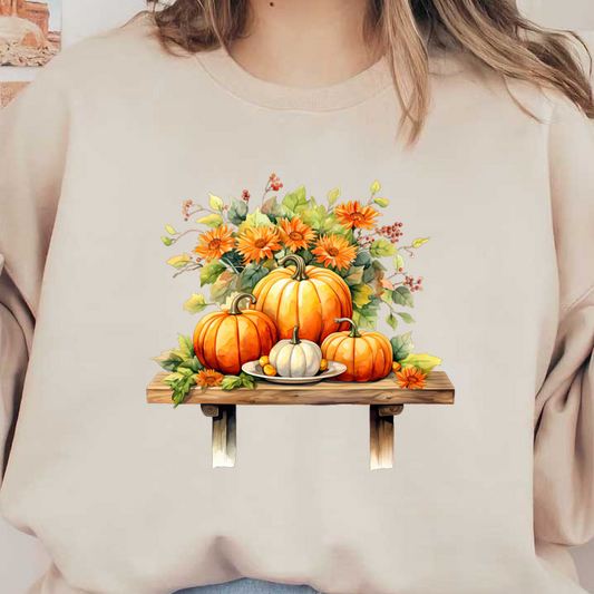 A charming autumn display featuring vibrant pumpkins and cheerful flowers on a rustic wooden table, perfect for seasonal decor. dtf prints