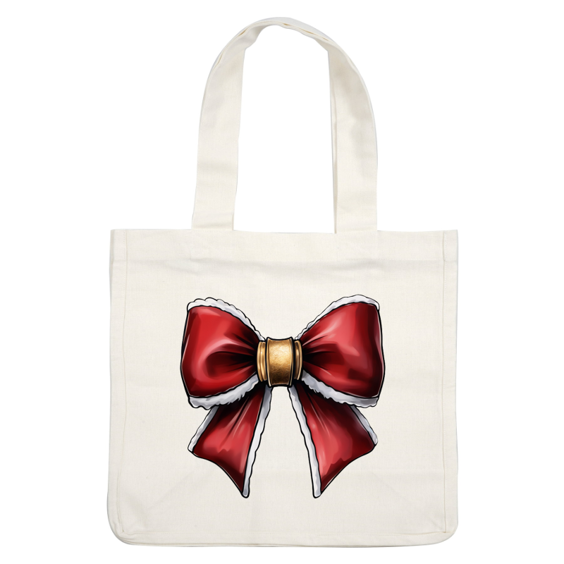 A festive red bow with white trim, elegantly cinched with a decorative gold clasp, perfect for holiday decorations.dtf regular iron