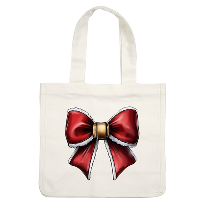 A festive red bow with white trim, elegantly cinched with a decorative gold clasp, perfect for holiday decorations.dtf regular iron