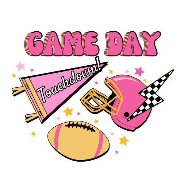 Diseño colorido "Game Day" con un casco de fútbol rosa, un banderín de animadoras y una pelota de fútbol, ​​¡perfecto para los entusiastas de los deportes!