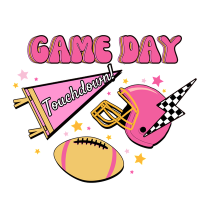 Diseño colorido "Game Day" con un casco de fútbol rosa, un banderín de animadoras y una pelota de fútbol, ​​¡perfecto para los entusiastas de los deportes!