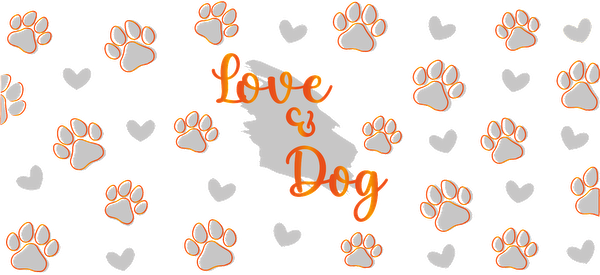 A playful pattern featuring dog paw prints and hearts, with the text "Love & Dog" prominently displayed.UV Transfers heat press transfers