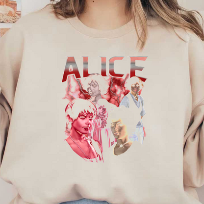 A vibrant collage featuring multiple stylized portraits, prominently displaying the name "ALICE" with a dramatic background.DTF Transfersdtf regular iron