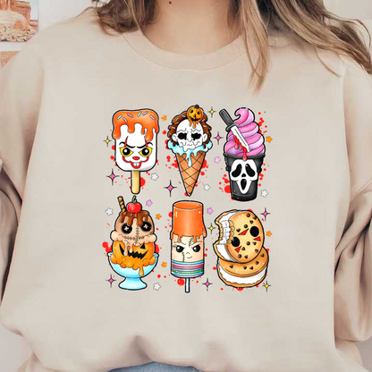 A fun collection of Halloween-themed desserts featuring spooky ice cream, popsicles, and treats, all with playful, chilling designs. heat press transfers