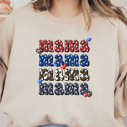 A colorful, whimsical design featuring "mama" in various styles, including patriotic colors and patterns, perfect for Mother's Day or celebrations. dtf prints