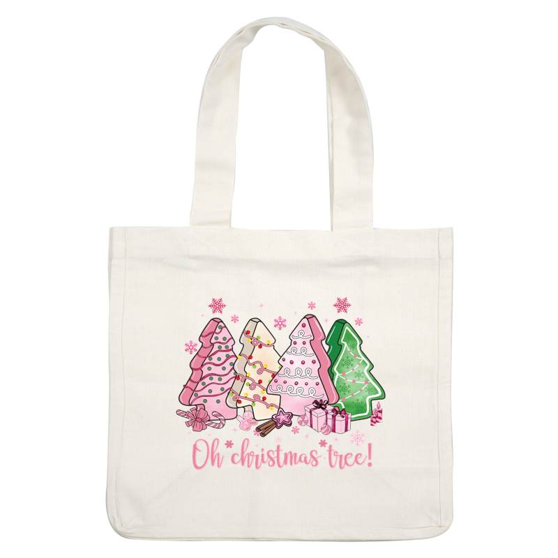 Cheerful illustration of colorful Christmas trees with decorations, accompanied by gifts and the festive phrase "Oh Christmas tree!" dtf transfers