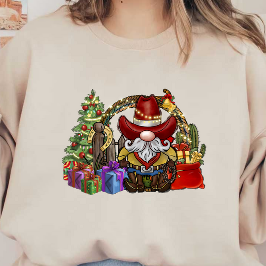 A cheerful cowboy gnome stands surrounded by colorful holiday gifts, a festive Christmas tree, and playful decorations, capturing the holiday spirit.DTF Transfersdtf regular iron dtf transfers