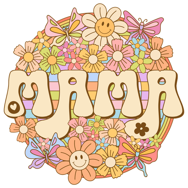 A cheerful floral design featuring the word "MAMA" surrounded by colorful flowers and playful butterflies, perfect for celebrating mothers.dtf regular iron