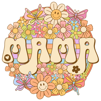 A cheerful floral design featuring the word "MAMA" surrounded by colorful flowers and playful butterflies, perfect for celebrating mothers.dtf regular iron