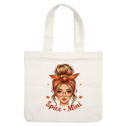 A stylish illustration of a woman with a bun and orange headband, featuring the text "Spice Mini" in a playful design. heat press transfers