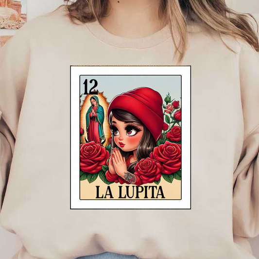 Esta vibrante obra de arte presenta a una niña rezando con un gorro rojo entre rosas, junto a una representación de la Virgen de Guadalupe.