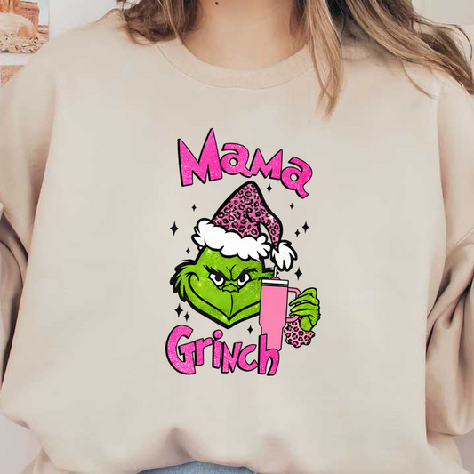 A playful design featuring the iconic Grinch with a pink leopard-print hat, holding a drink, complemented by sparkly text.DTF Transfersdtf regular iron dtf prints