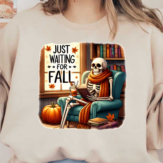 A whimsical skeleton cozies up with a book and a drink, surrounded by autumn decor, eagerly awaiting fall. dtf transfers