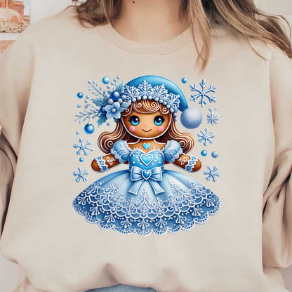 A charming gingerbread girl in a beautiful blue dress, adorned with snowflakes and floral accents, perfect for winter festivities.DTF Transfers heat press transfers