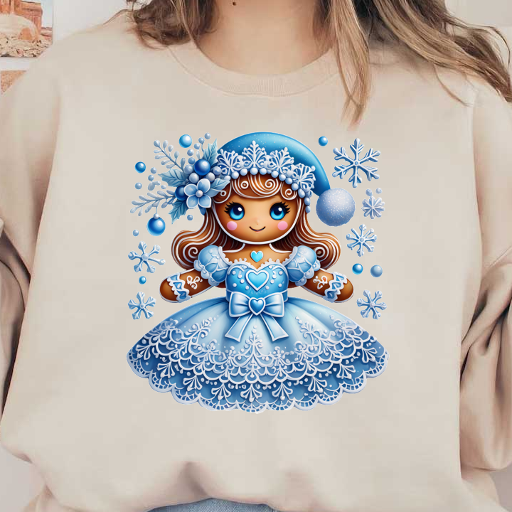 A charming gingerbread doll wearing a beautiful blue frock, adorned with snowflakes and festive decorations, perfect for winter celebrations.DTF Transfers heat press transfers