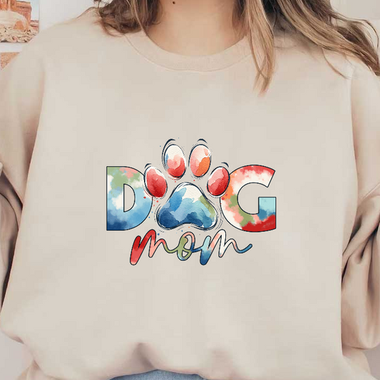 "Dog mom watercolor design with red, blue, and green tones featuring a paw print."DTF Transfers